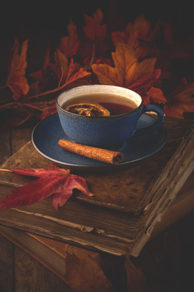 A cup of tea with a cinnamon stick among autumn leaves