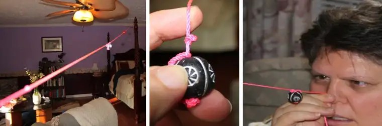 The eye exerciser: a string tied to a ceiling fan, a bead tied in place, and the first bead held at the nose.